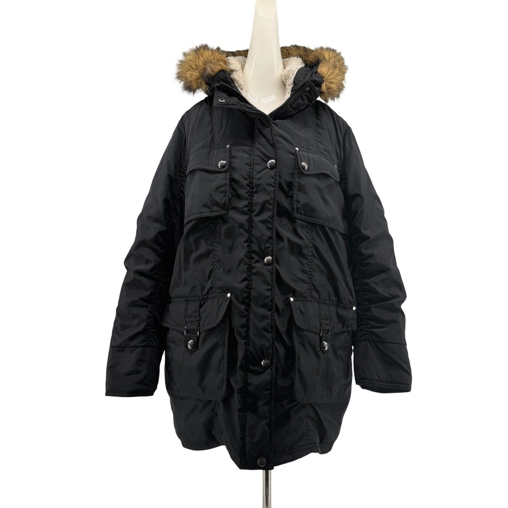 Madden Girl Black Faux Fur Hooded Parka Coat Orange Lined Womens 1X 1T